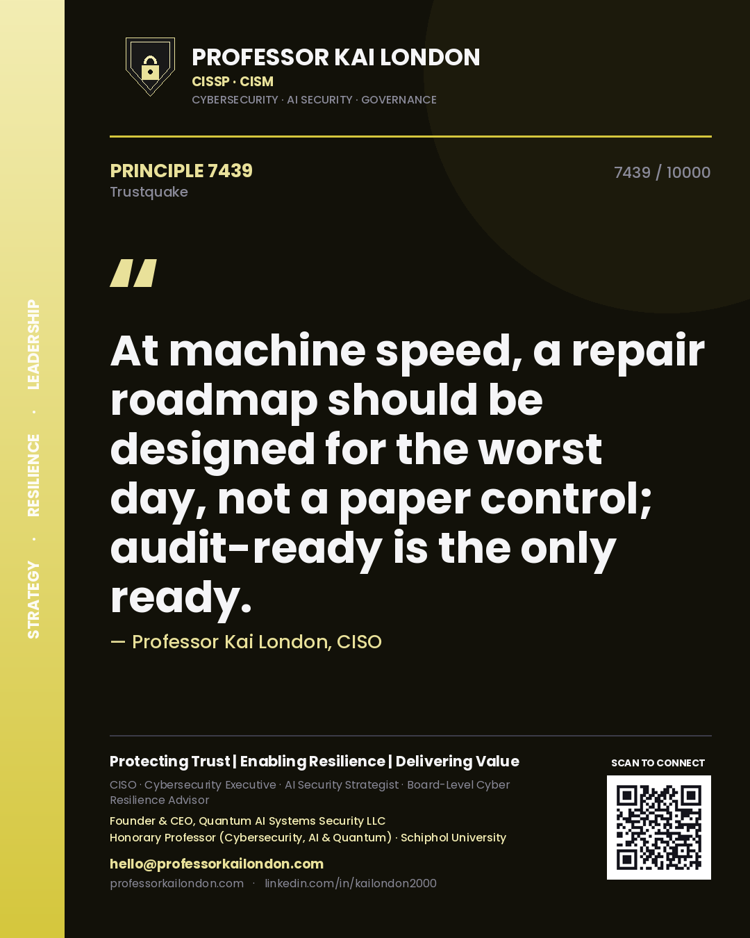 Quote card by Professor Kai London reading 'At machine speed, a repair roadmap should be designed for the worst day, not a paper control; audit-ready is the only ready.'. From the book Trustquake.