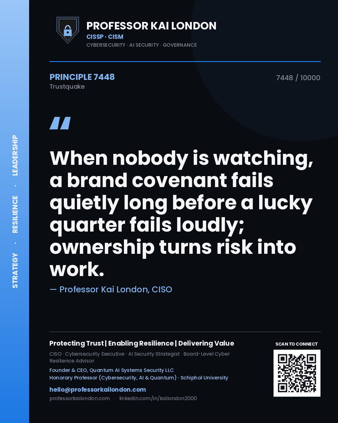 Quote card by Professor Kai London reading 'When nobody is watching, a brand covenant fails quietly long before a lucky quarter fails loudly; ownership turns risk into work.'. From the book Trustquake.