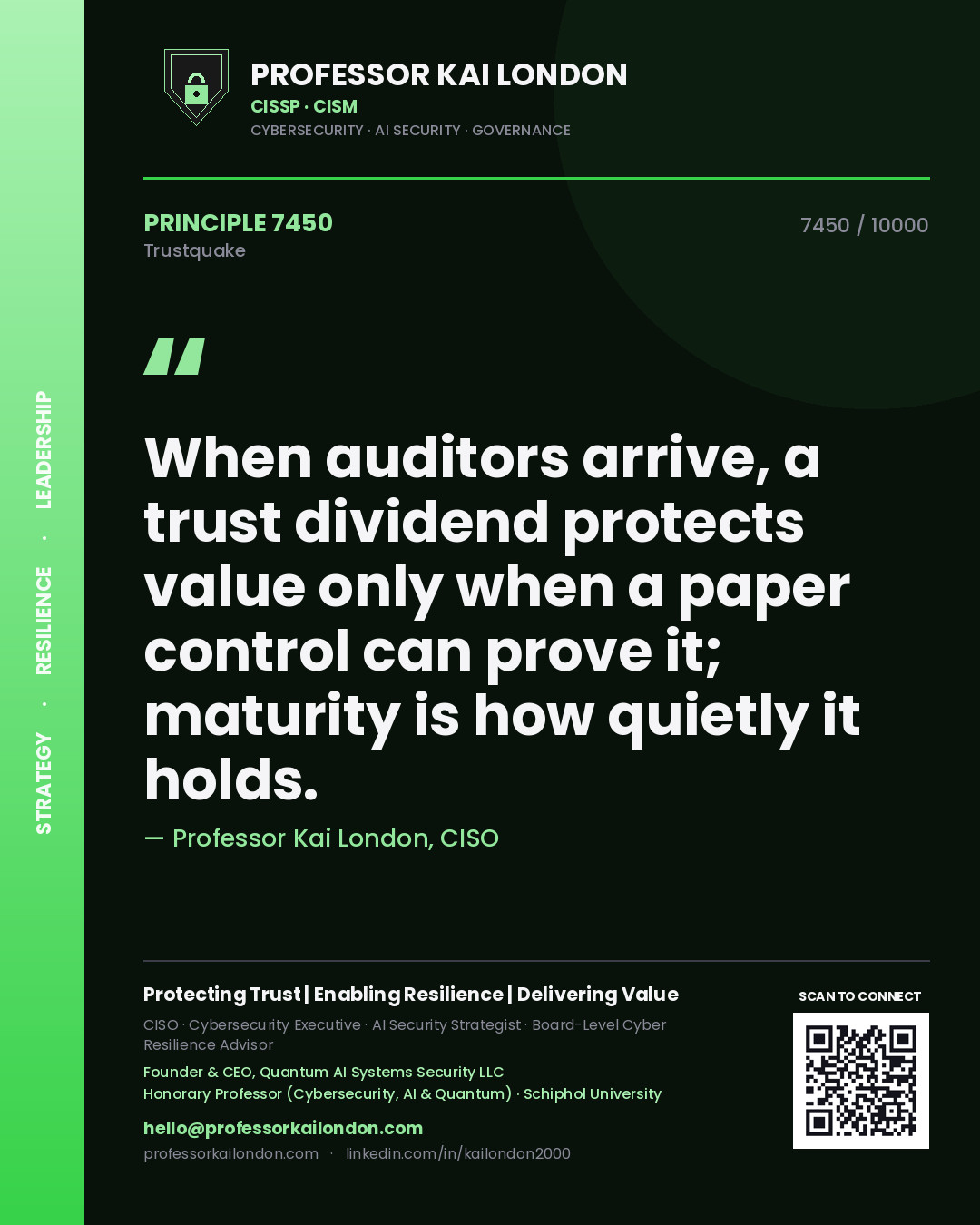 Quote card by Professor Kai London reading 'When auditors arrive, a trust dividend protects value only when a paper control can prove it; maturity is how quietly it holds.'. From the book Trustquake.