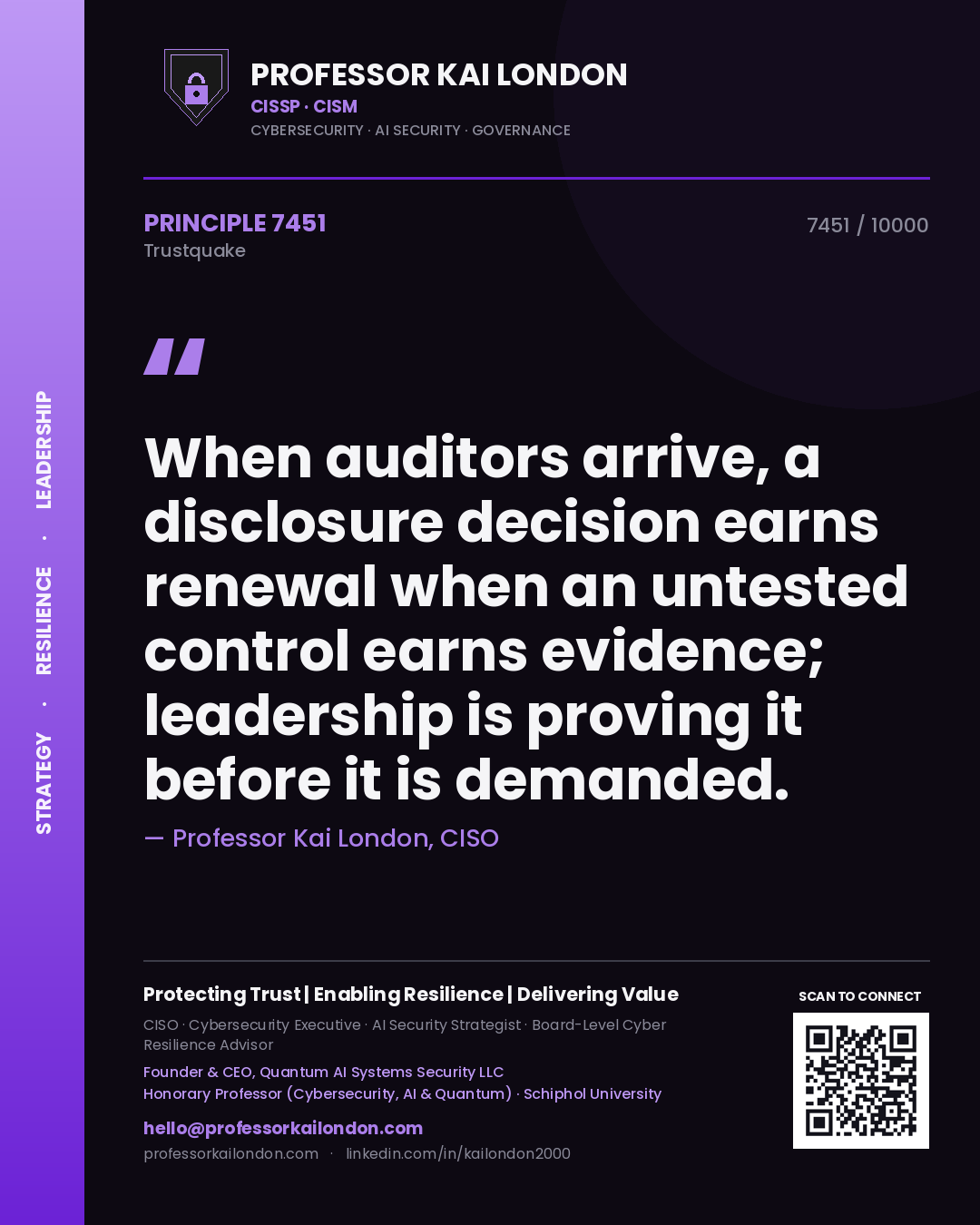 Quote card by Professor Kai London reading 'When auditors arrive, a disclosure decision earns renewal when an untested control earns evidence; leadership is proving it before it is demanded.'. From the book Trustquake.