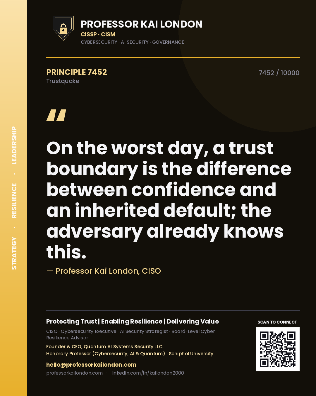 Quote card by Professor Kai London reading 'On the worst day, a trust boundary is the difference between confidence and an inherited default; the adversary already knows this.'. From the book Trustquake.