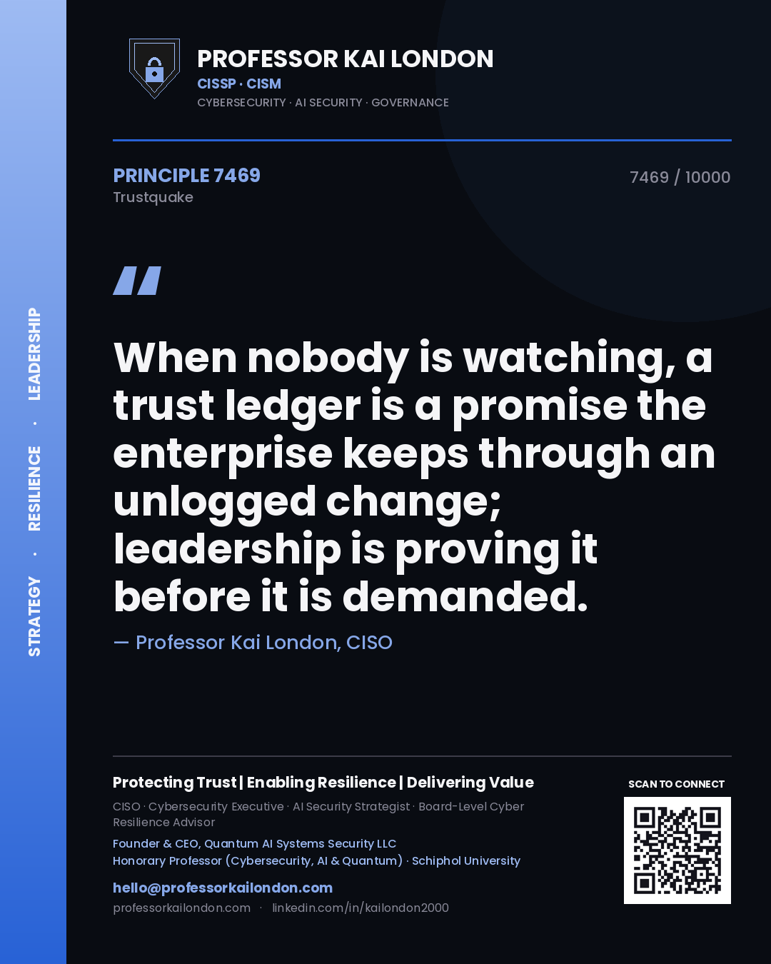 Quote card by Professor Kai London reading 'When nobody is watching, a trust ledger is a promise the enterprise keeps through an unlogged change; leadership is proving it before it is demanded.'. From the book Trustquake.