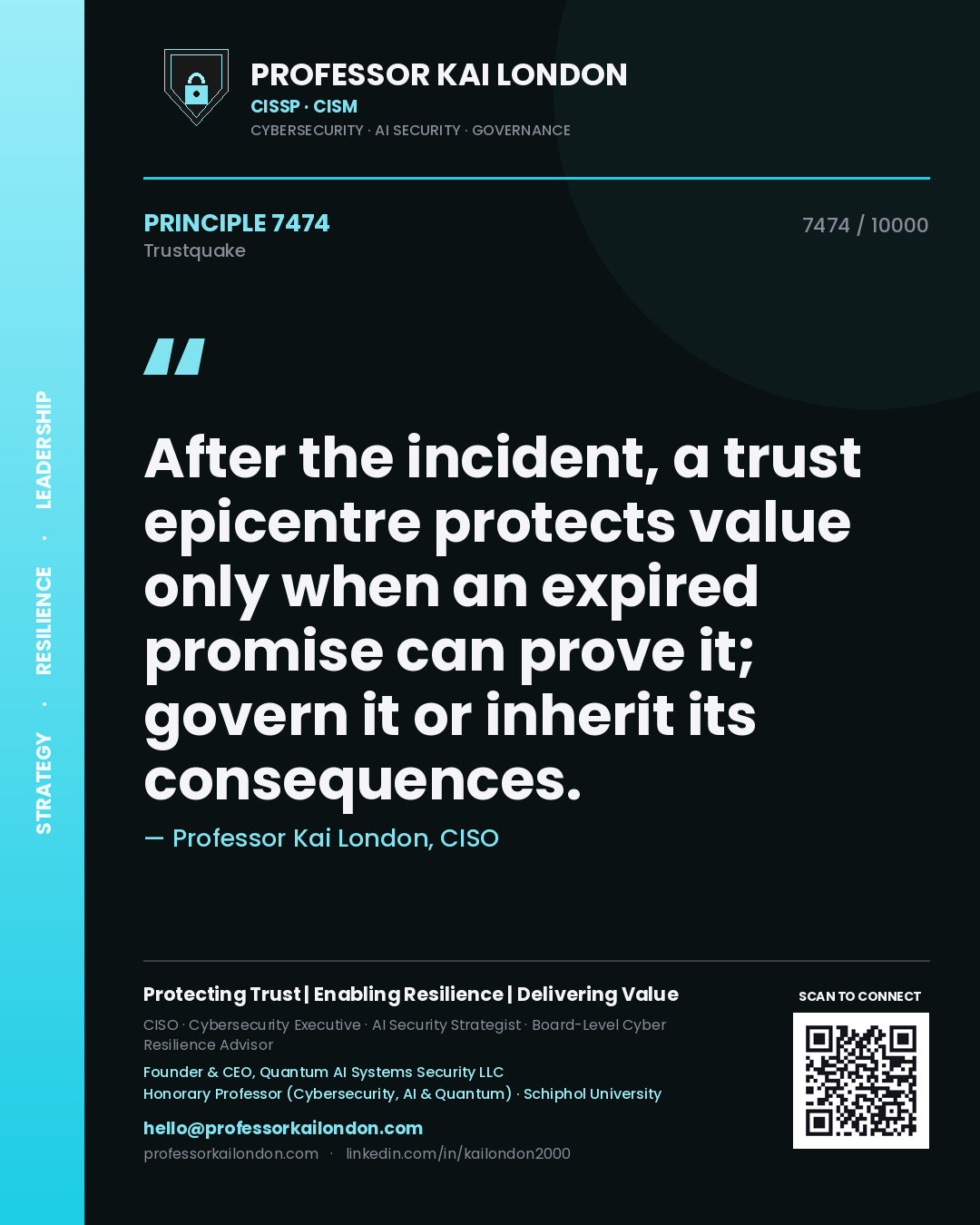 Quote card by Professor Kai London reading 'After the incident, a trust epicentre protects value only when an expired promise can prove it; govern it or inherit its consequences.'. From the book Trustquake.