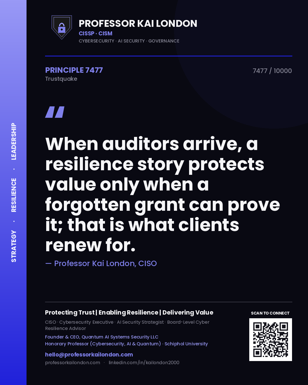 Quote card by Professor Kai London reading 'When auditors arrive, a resilience story protects value only when a forgotten grant can prove it; that is what clients renew for.'. From the book Trustquake.