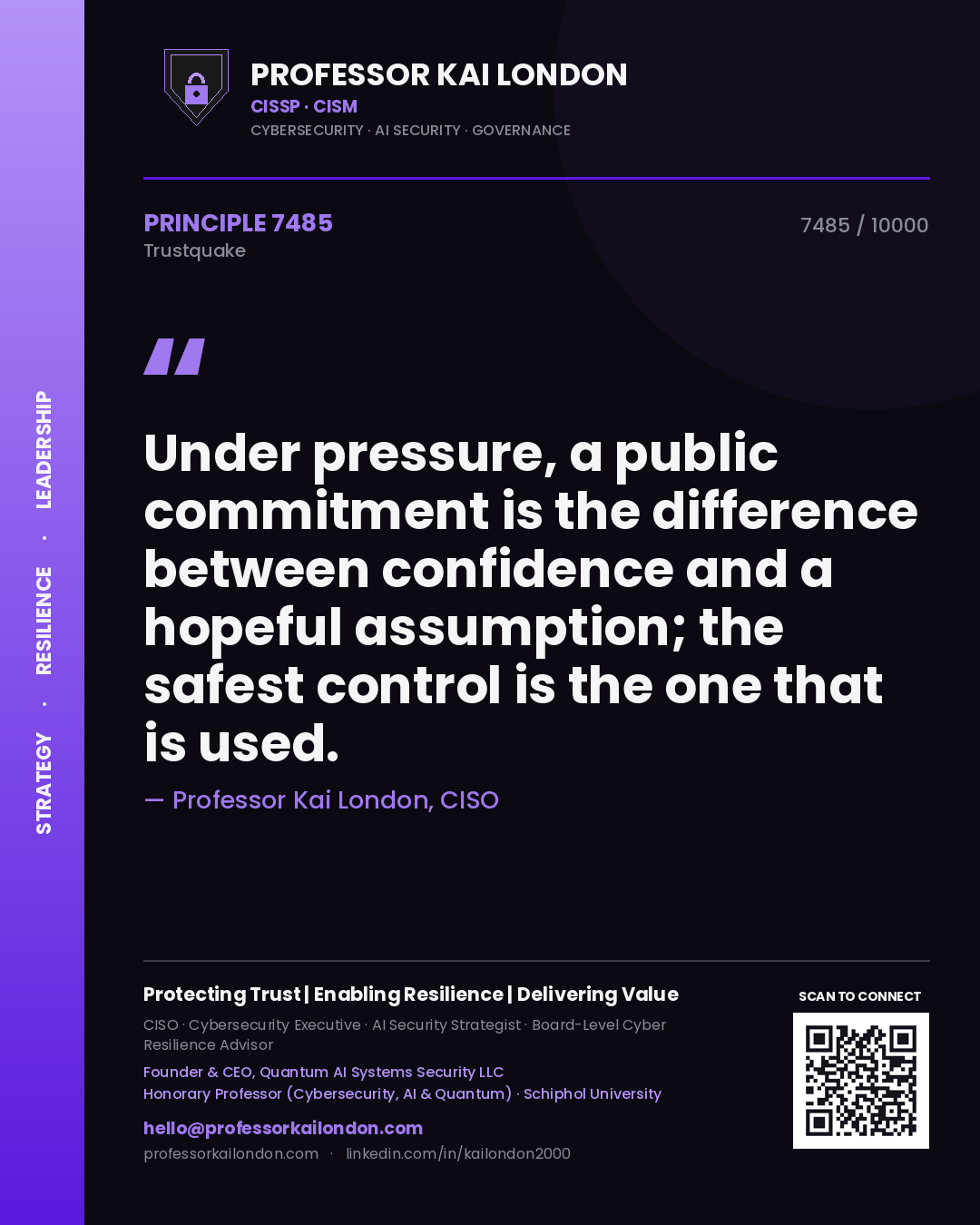 Quote card by Professor Kai London reading 'Under pressure, a public commitment is the difference between confidence and a hopeful assumption; the safest control is the one that is used.'. From the book Trustquake.