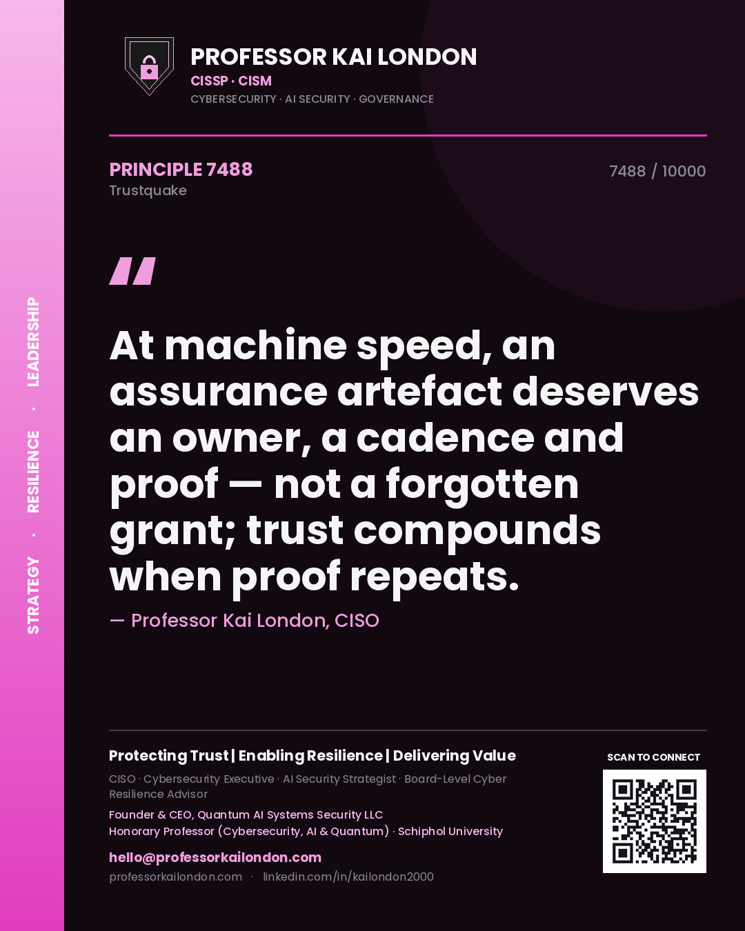 Quote card by Professor Kai London reading 'At machine speed, an assurance artefact deserves an owner, a cadence and proof — not a forgotten grant; trust compounds when proof repeats.'. From the book Trustquake.