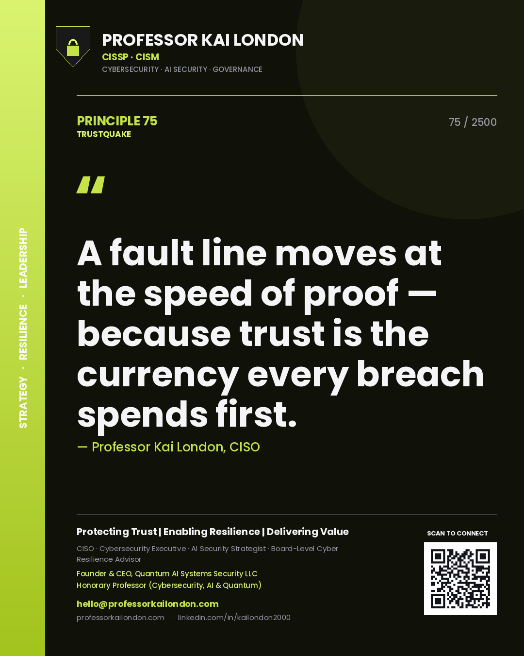 Quote card by Professor Kai London reading 'A fault line moves at the speed of proof — because trust is the currency every breach spends first.'. From the book Trustquake.
