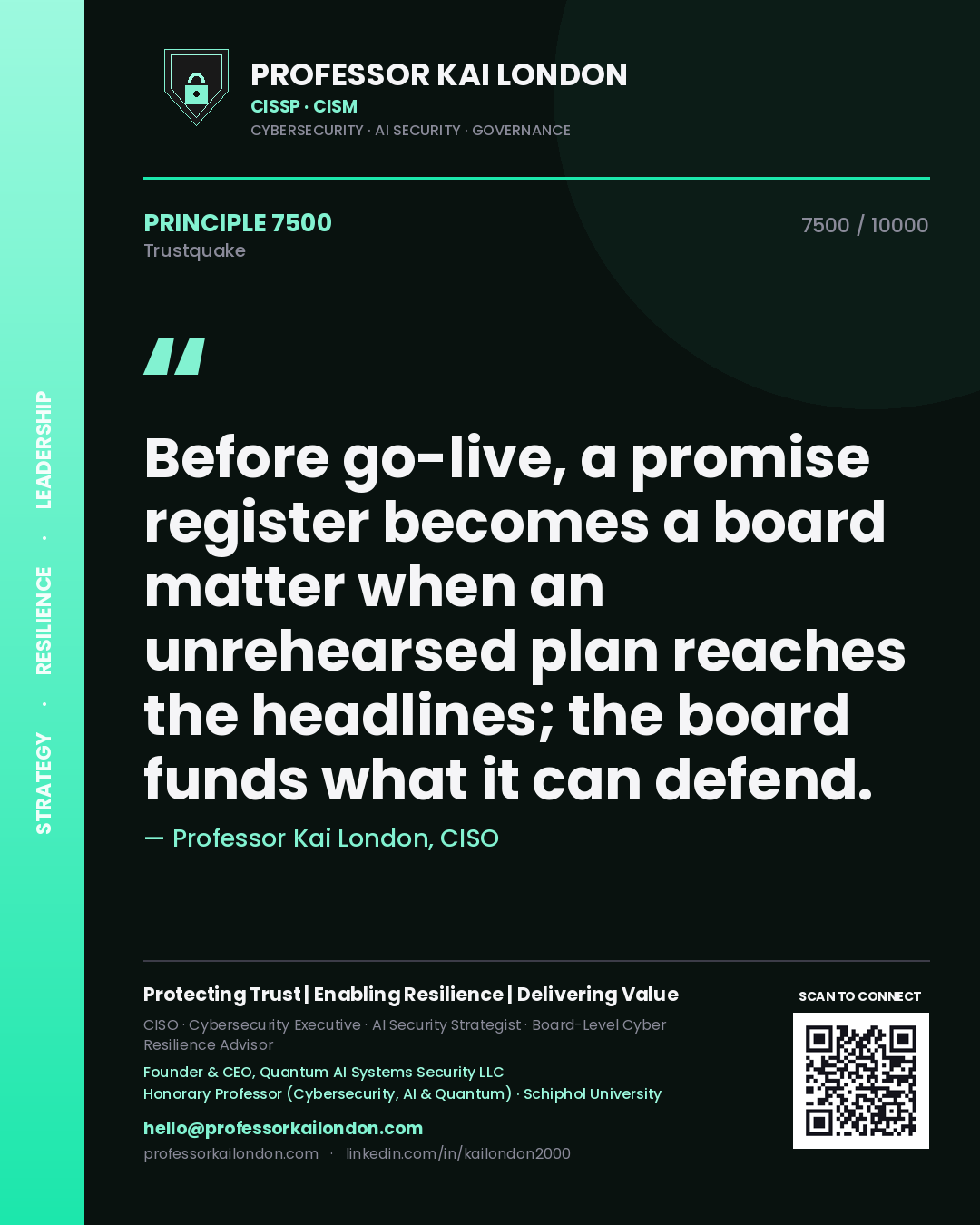 Quote card by Professor Kai London reading 'Before go-live, a promise register becomes a board matter when an unrehearsed plan reaches the headlines; the board funds what it can defend.'. From the book Trustquake.