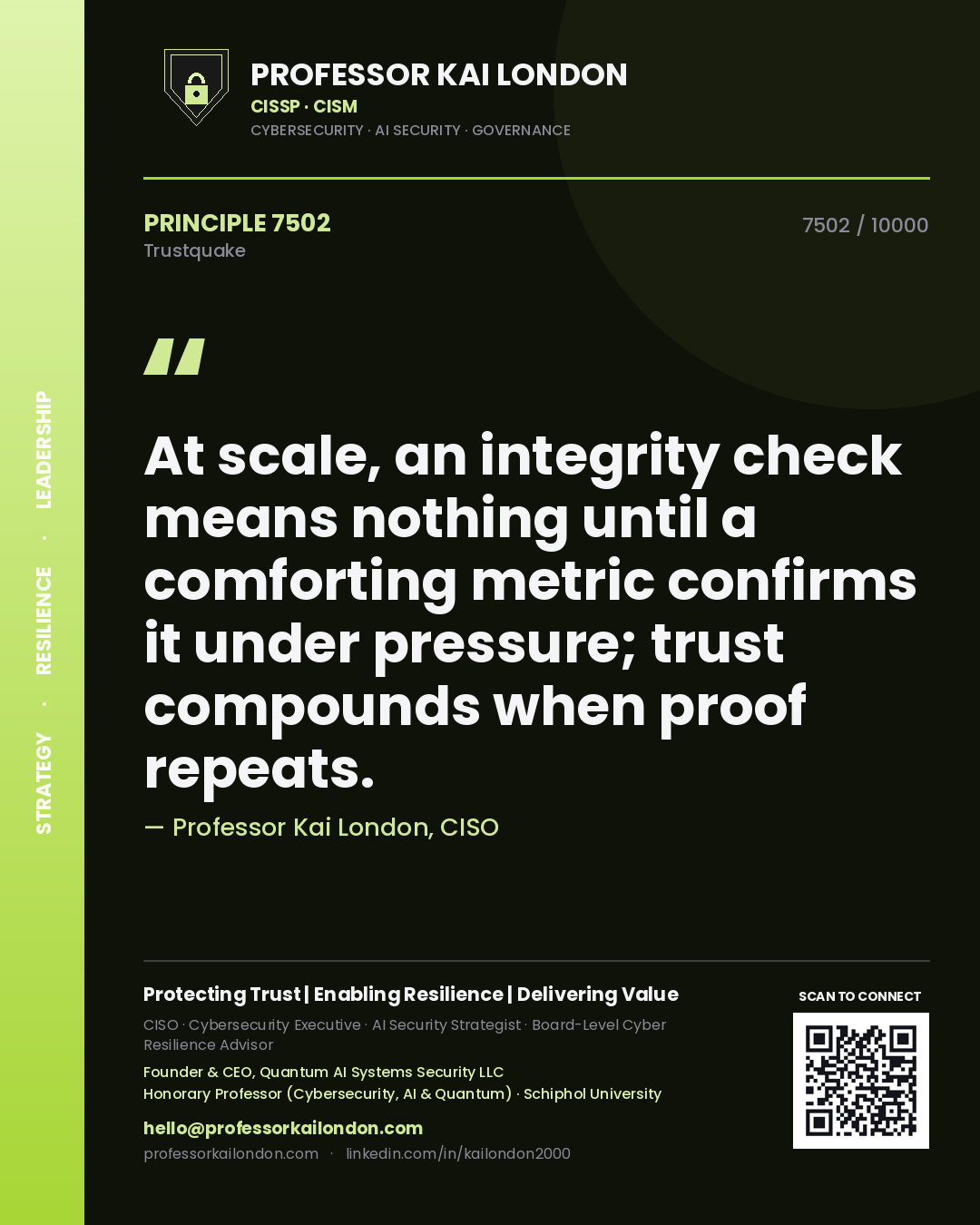 Professor Kai London principle 7502: At scale, an integrity check means nothing until a comforting metric confirms it under pressure; trust compounds when proof repeats.