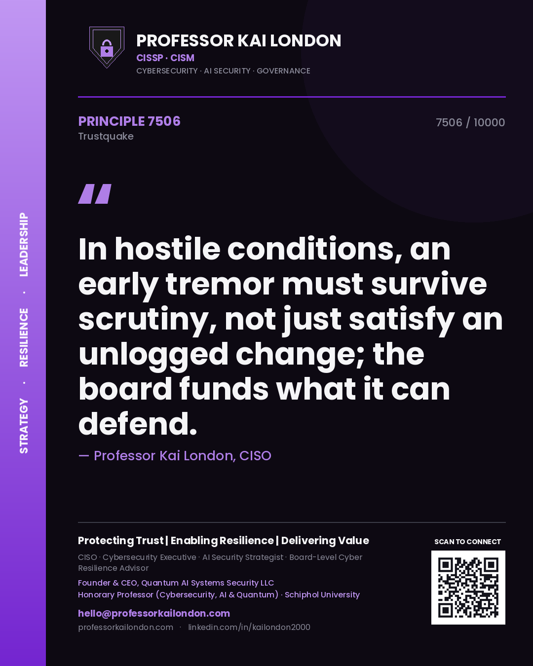 Professor Kai London principle 7506: In hostile conditions, an early tremor must survive scrutiny, not just satisfy an unlogged change; the board funds what it can defend.
