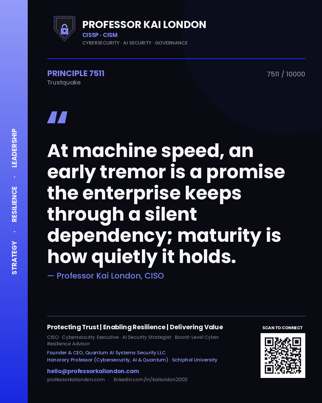 Professor Kai London principle 7511: At machine speed, an early tremor is a promise the enterprise keeps through a silent dependency; maturity is how quietly it holds.