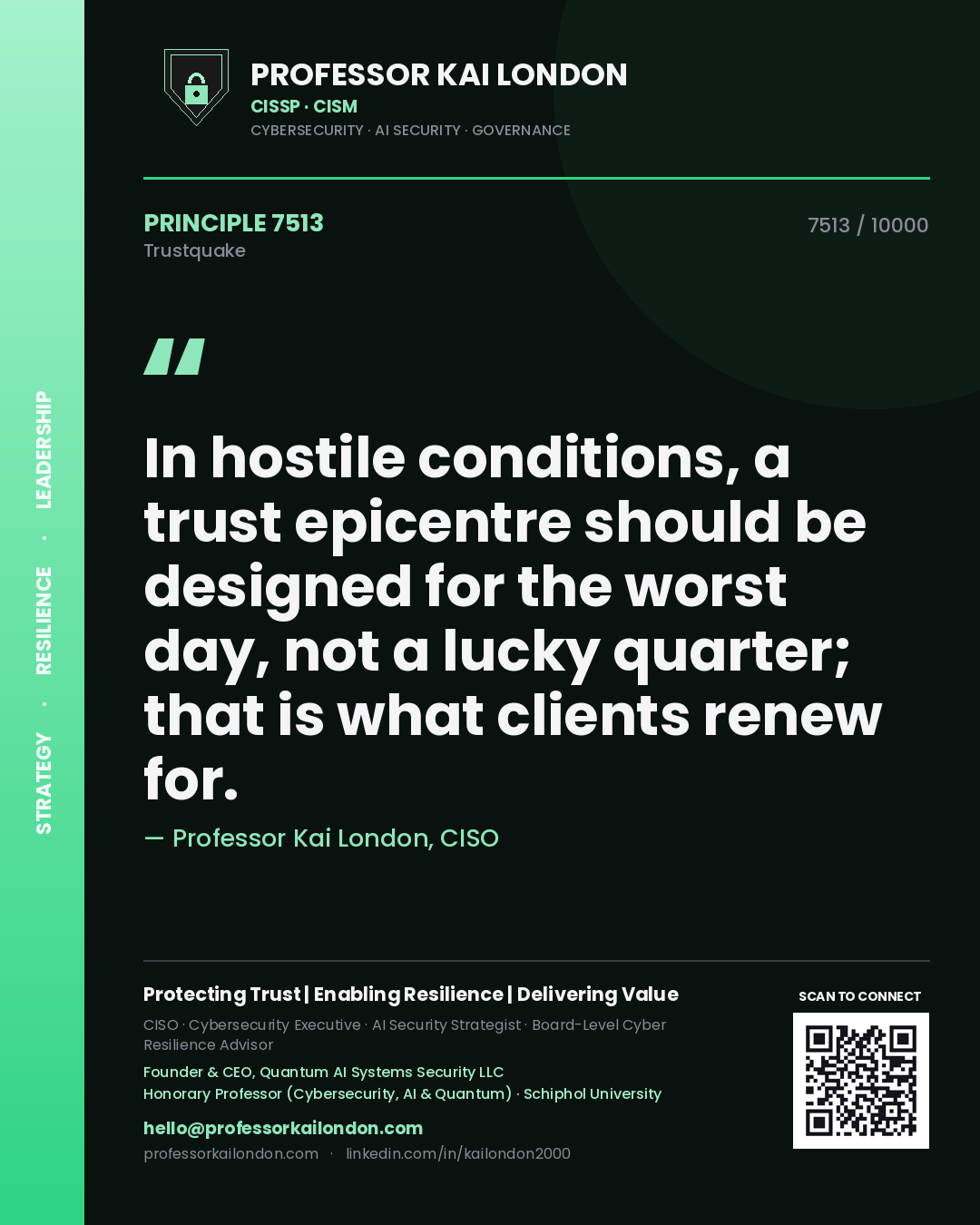 Quote card by Professor Kai London reading 'In hostile conditions, a trust epicentre should be designed for the worst day, not a lucky quarter; that is what clients renew for.'. From the book Trustquake.