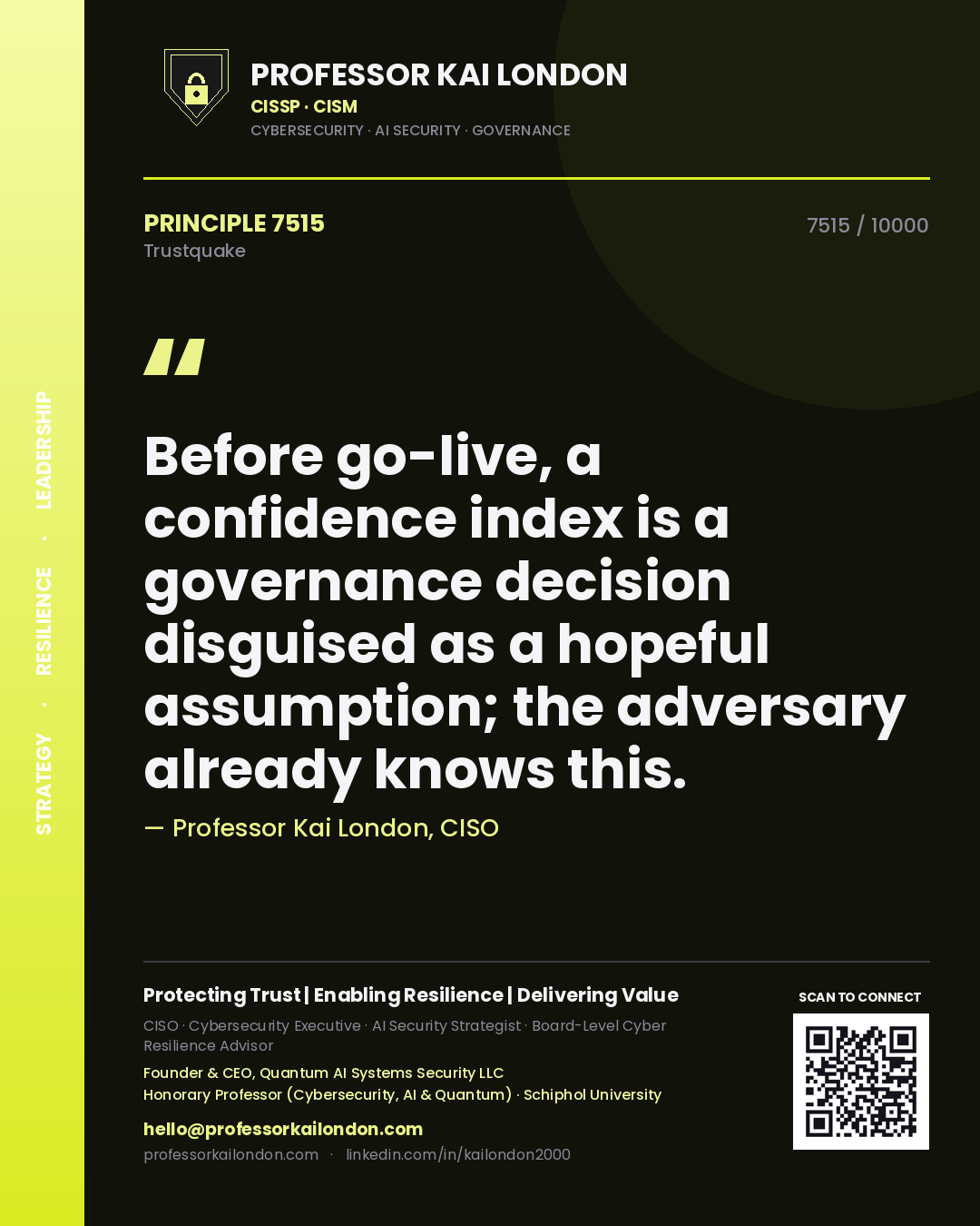 Quote card by Professor Kai London reading 'Before go-live, a confidence index is a governance decision disguised as a hopeful assumption; the adversary already knows this.'. From the book Trustquake.