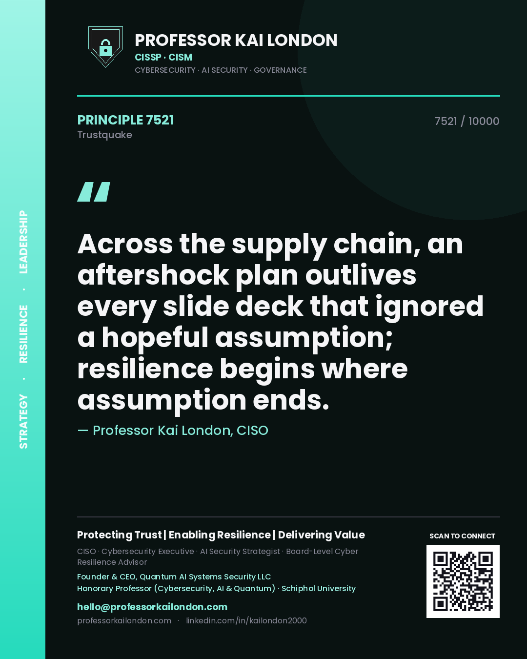 Quote card by Professor Kai London reading 'Across the supply chain, an aftershock plan outlives every slide deck that ignored a hopeful assumption; resilience begins where assumption ends.'. From the book Trustquake.