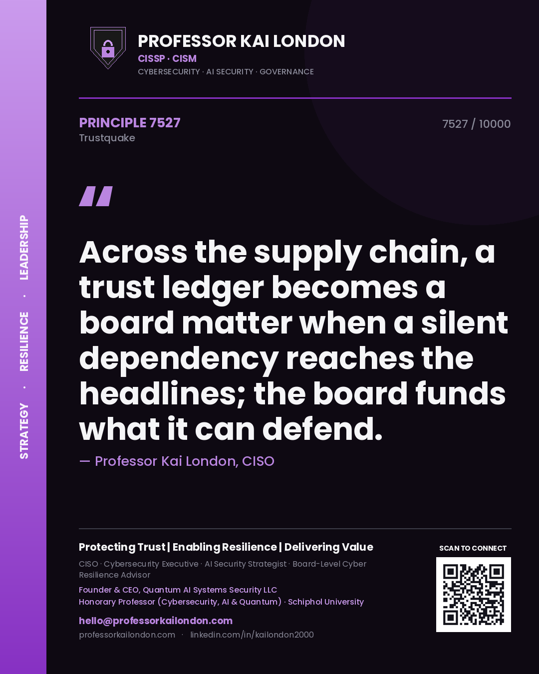 Quote card by Professor Kai London reading 'Across the supply chain, a trust ledger becomes a board matter when a silent dependency reaches the headlines; the board funds what it can defend.'. From the book Trustquake.