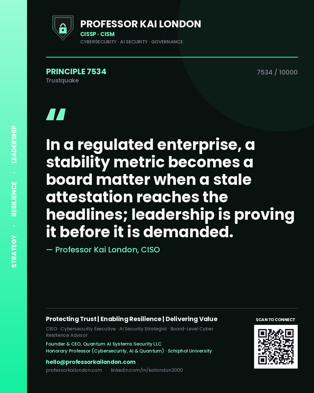 Professor Kai London principle 7534: In a regulated enterprise, a stability metric becomes a board matter when a stale attestation reaches the headlines; leadership is proving it before it is demanded.