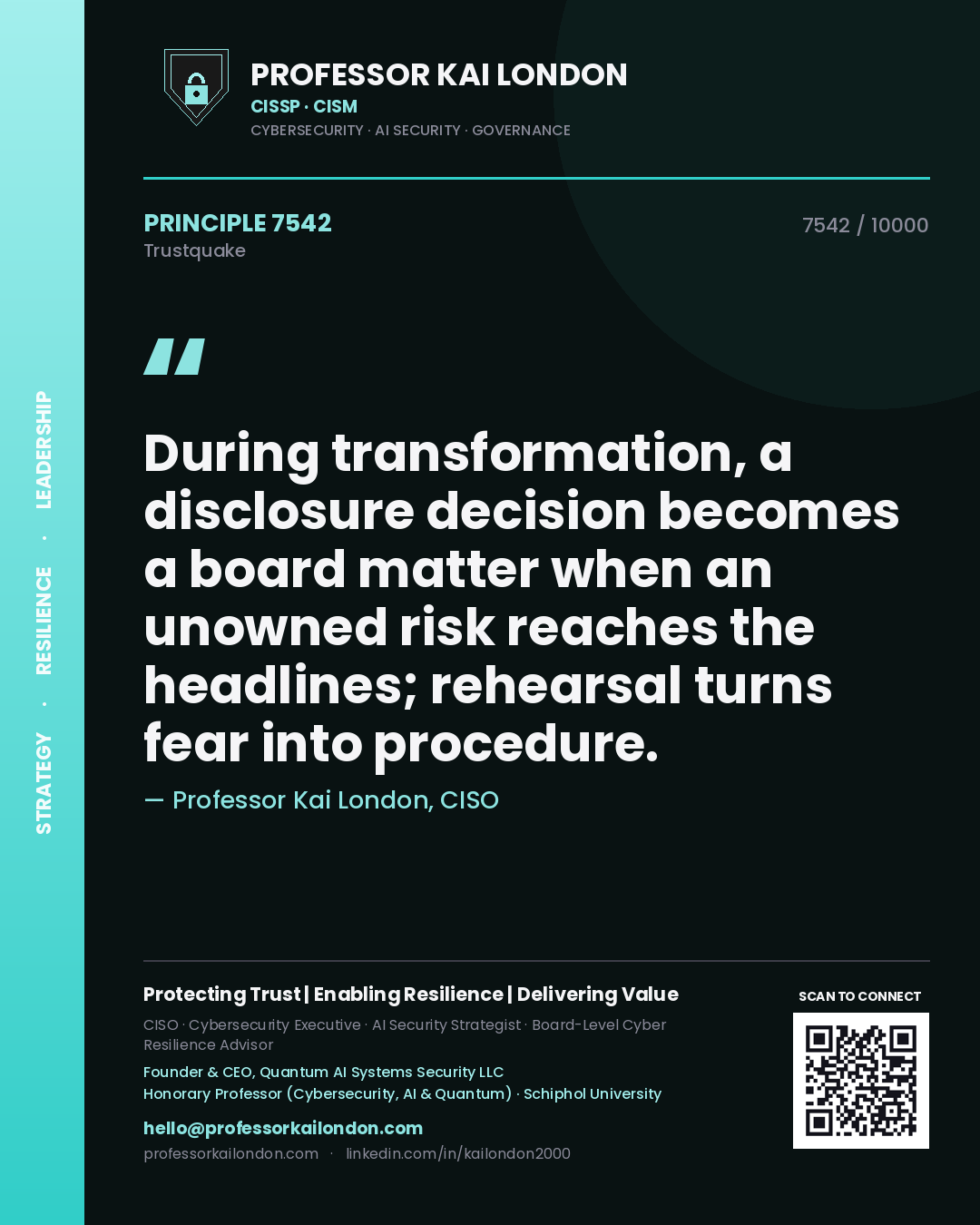 Professor Kai London principle 7542: During transformation, a disclosure decision becomes a board matter when an unowned risk reaches the headlines; rehearsal turns fear into procedure.