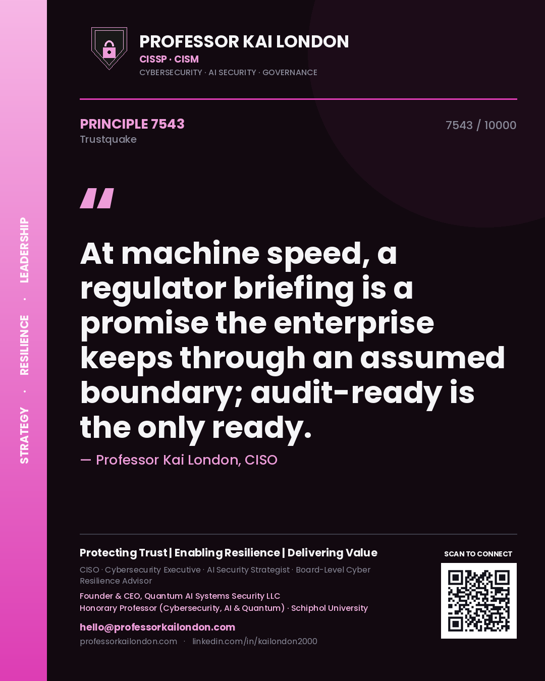 Professor Kai London principle 7543: At machine speed, a regulator briefing is a promise the enterprise keeps through an assumed boundary; audit-ready is the only ready.