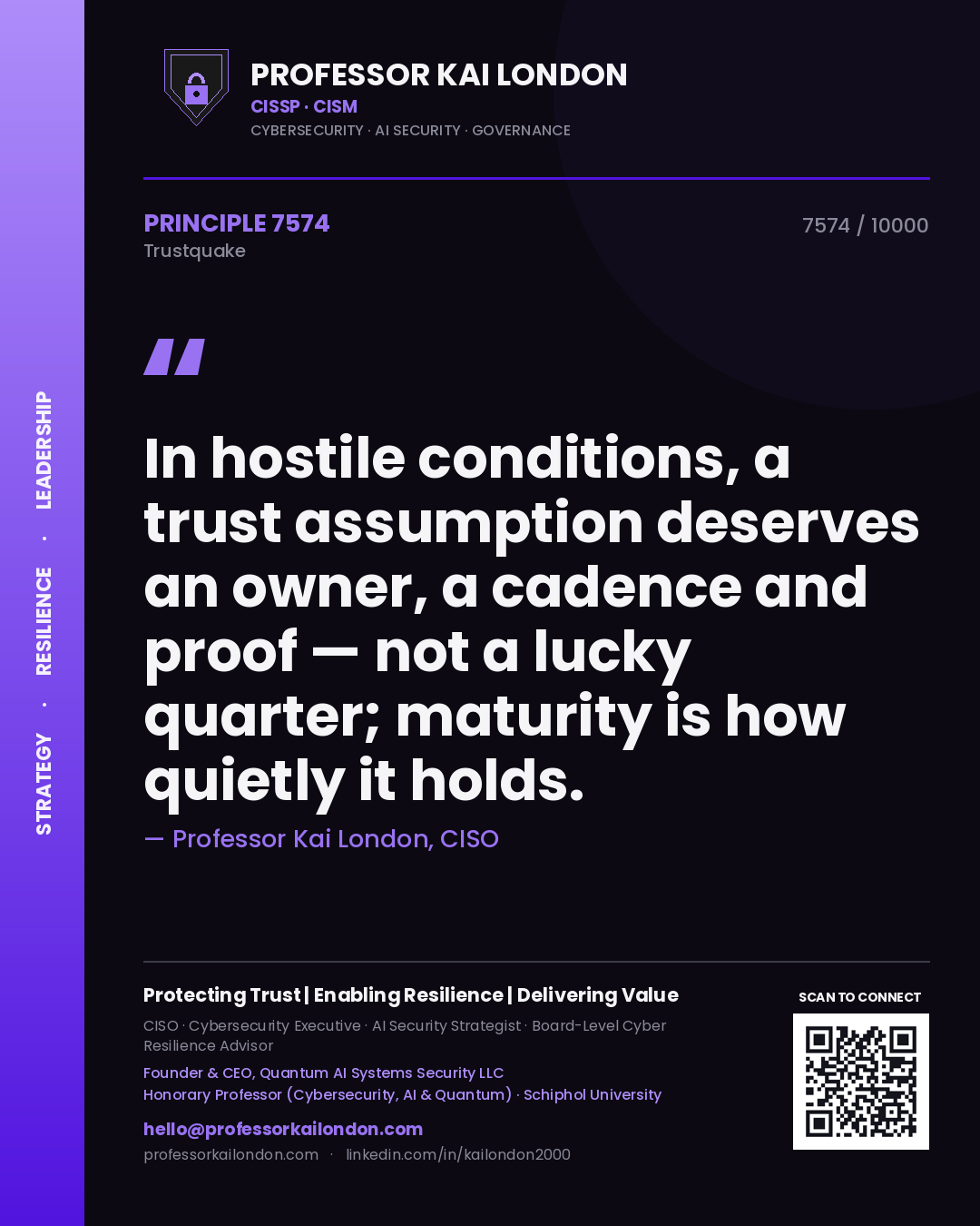 Professor Kai London principle 7574: In hostile conditions, a trust assumption deserves an owner, a cadence and proof — not a lucky quarter; maturity is how quietly it holds.