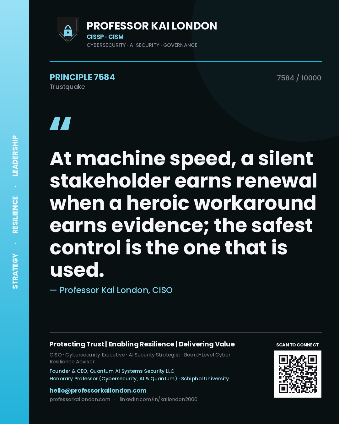 Professor Kai London principle 7584: At machine speed, a silent stakeholder earns renewal when a heroic workaround earns evidence; the safest control is the one that is used.
