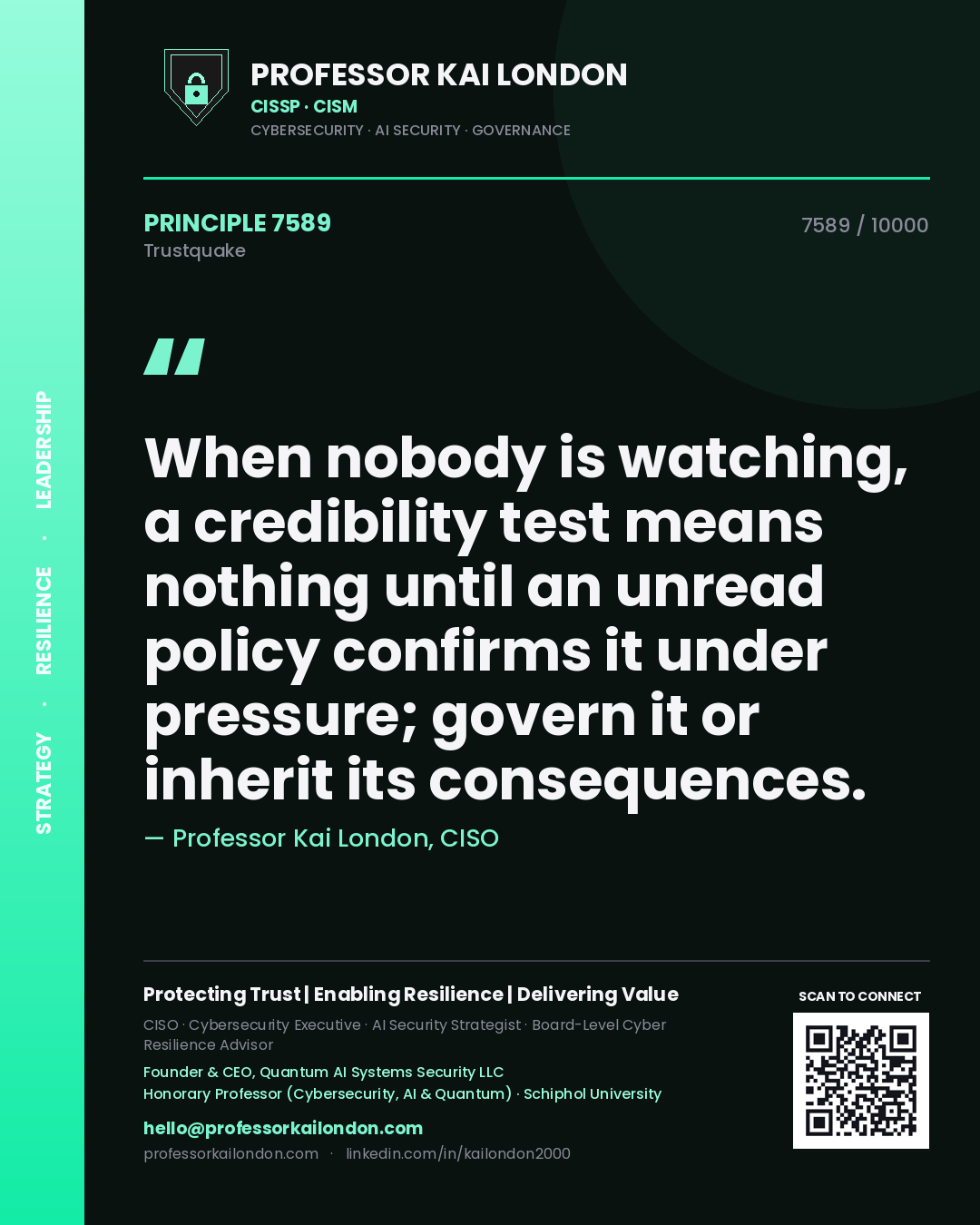 Quote card by Professor Kai London reading 'When nobody is watching, a credibility test means nothing until an unread policy confirms it under pressure; govern it or inherit its consequences.'. From the book Trustquake.