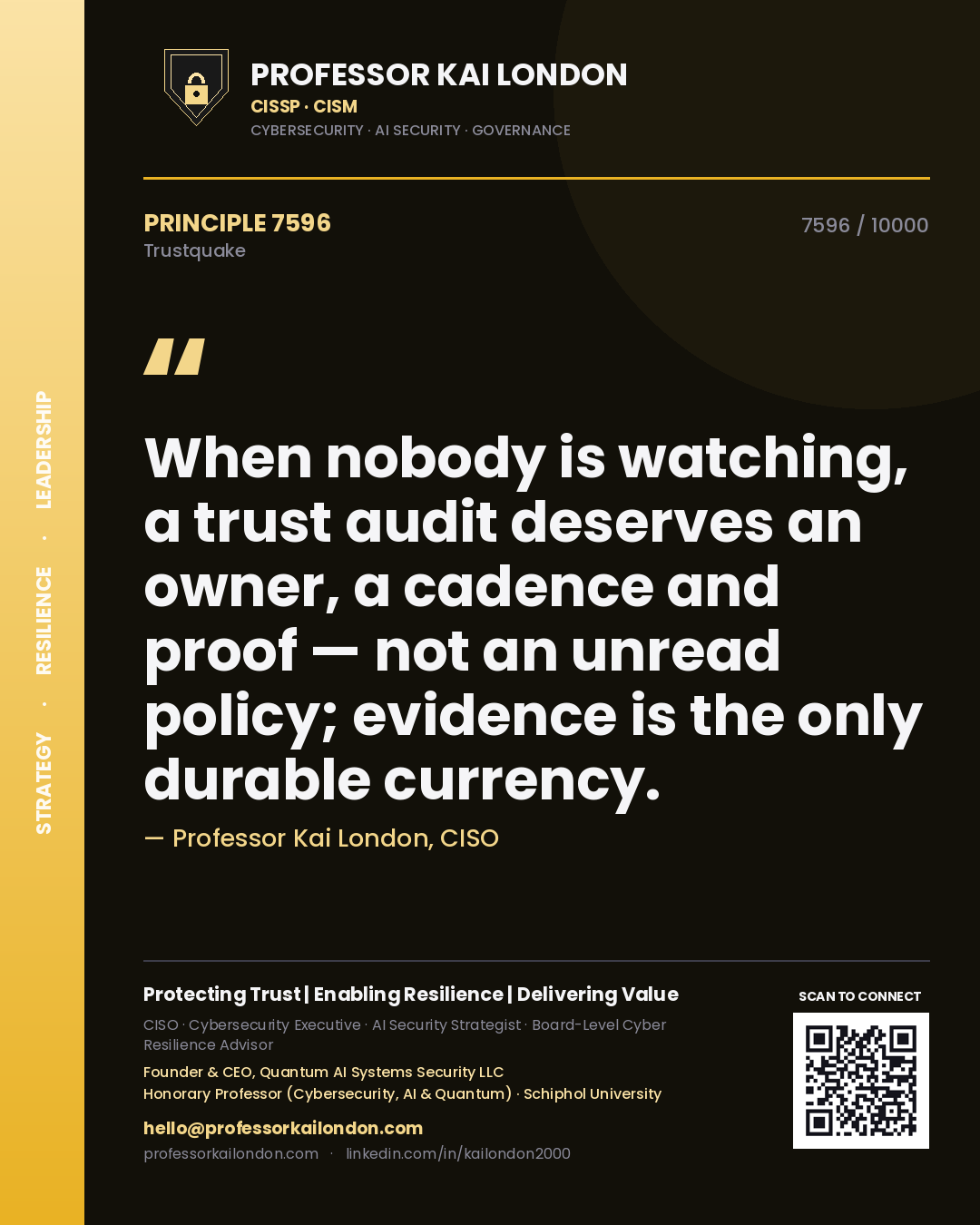 Quote card by Professor Kai London reading 'When nobody is watching, a trust audit deserves an owner, a cadence and proof — not an unread policy; evidence is the only durable currency.'. From the book Trustquake.