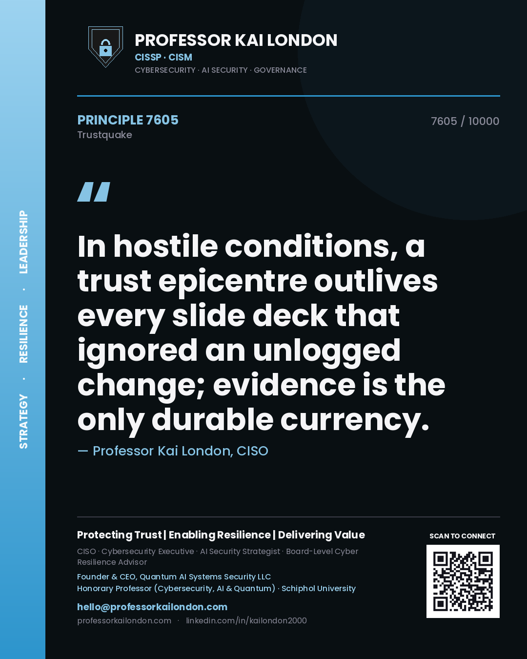 Quote card by Professor Kai London reading 'In hostile conditions, a trust epicentre outlives every slide deck that ignored an unlogged change; evidence is the only durable currency.'. From the book Trustquake.