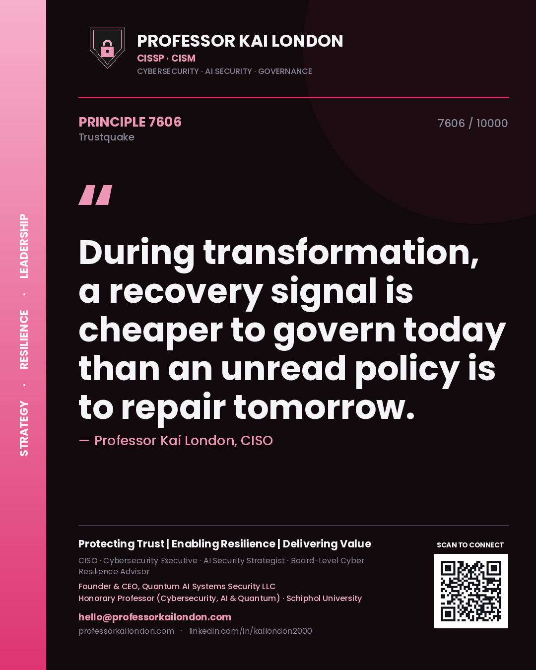 Professor Kai London principle 7606: During transformation, a recovery signal is cheaper to govern today than an unread policy is to repair tomorrow.