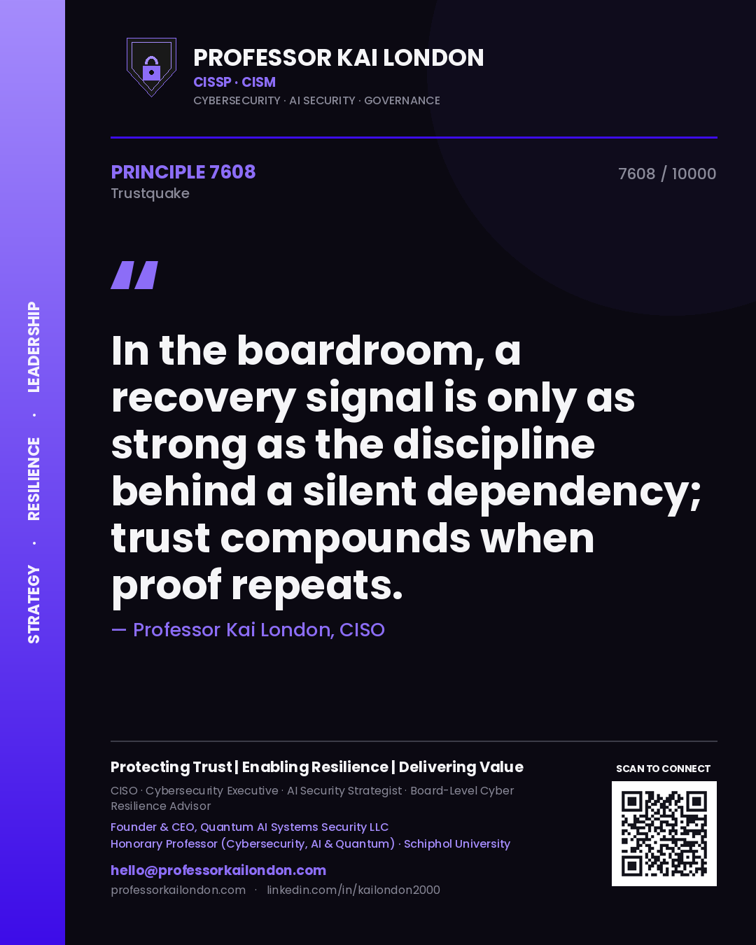 Professor Kai London principle 7608: In the boardroom, a recovery signal is only as strong as the discipline behind a silent dependency; trust compounds when proof repeats.