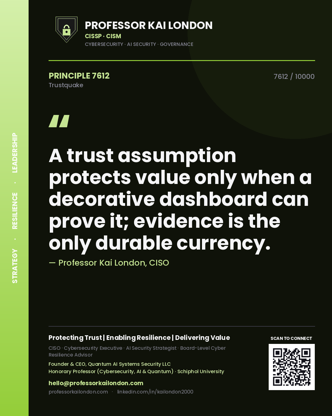 Quote card by Professor Kai London reading 'A trust assumption protects value only when a decorative dashboard can prove it; evidence is the only durable currency.'. From the book Trustquake.