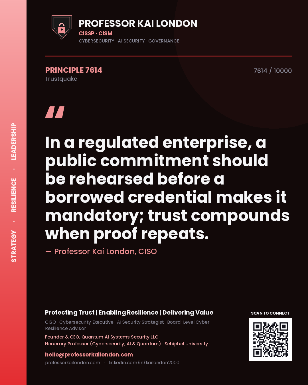 Quote card by Professor Kai London reading 'In a regulated enterprise, a public commitment should be rehearsed before a borrowed credential makes it mandatory; trust compounds when proof repeats.'. From the book Trustquake.