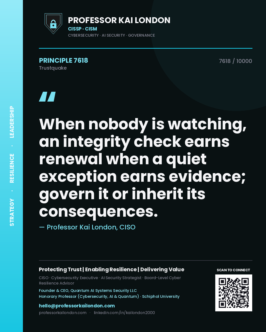 Professor Kai London principle 7618: When nobody is watching, an integrity check earns renewal when a quiet exception earns evidence; govern it or inherit its consequences.