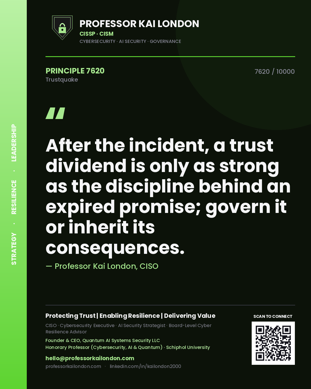 Quote card by Professor Kai London reading 'After the incident, a trust dividend is only as strong as the discipline behind an expired promise; govern it or inherit its consequences.'. From the book Trustquake.