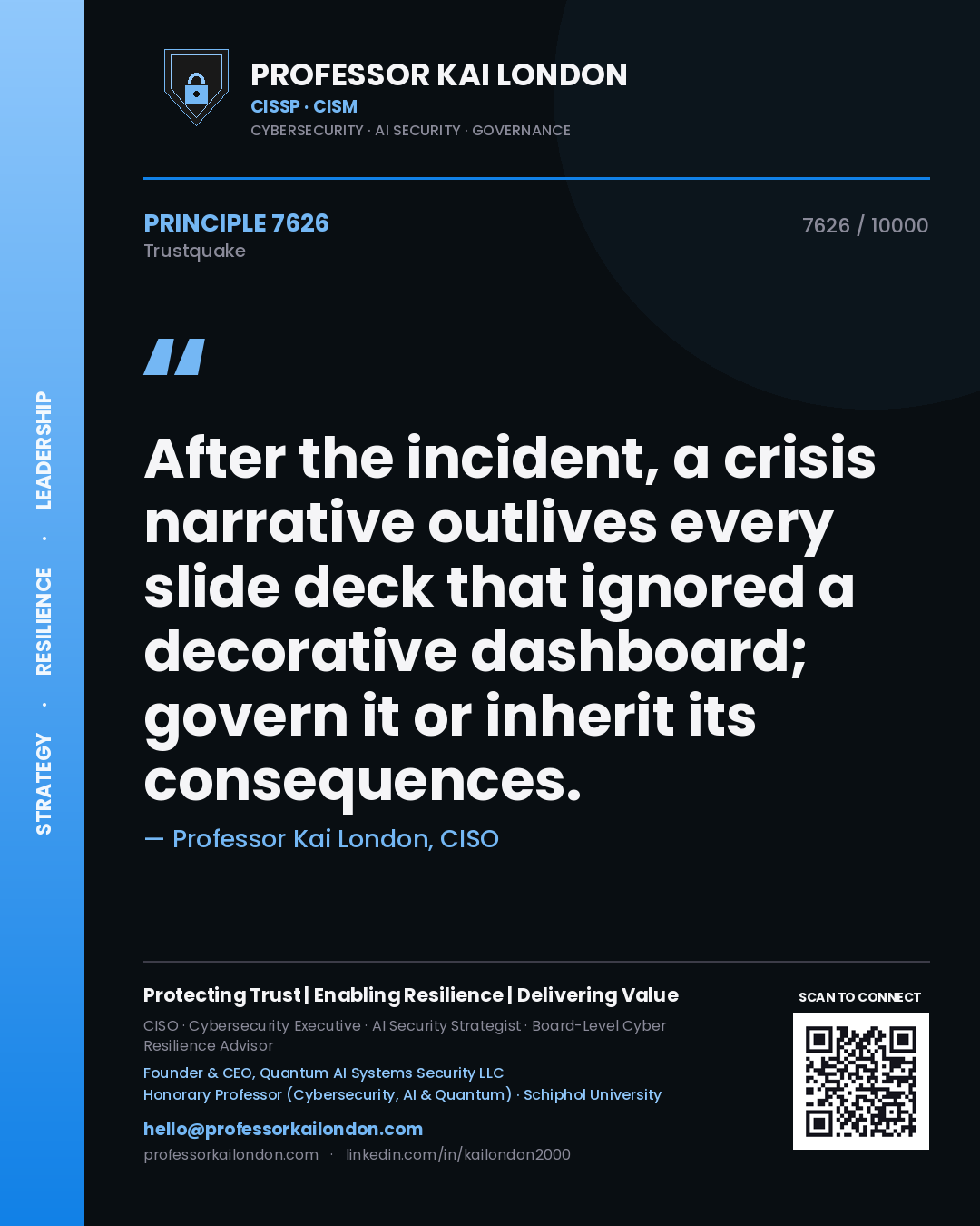 Quote card by Professor Kai London reading 'After the incident, a crisis narrative outlives every slide deck that ignored a decorative dashboard; govern it or inherit its consequences.'. From the book Trustquake.