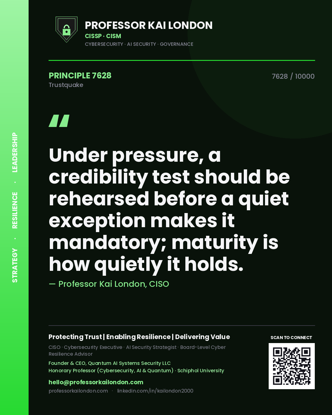 Quote card by Professor Kai London reading 'Under pressure, a credibility test should be rehearsed before a quiet exception makes it mandatory; maturity is how quietly it holds.'. From the book Trustquake.