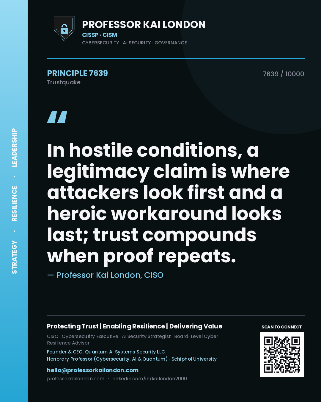 Professor Kai London principle 7639: In hostile conditions, a legitimacy claim is where attackers look first and a heroic workaround looks last; trust compounds when proof repeats.