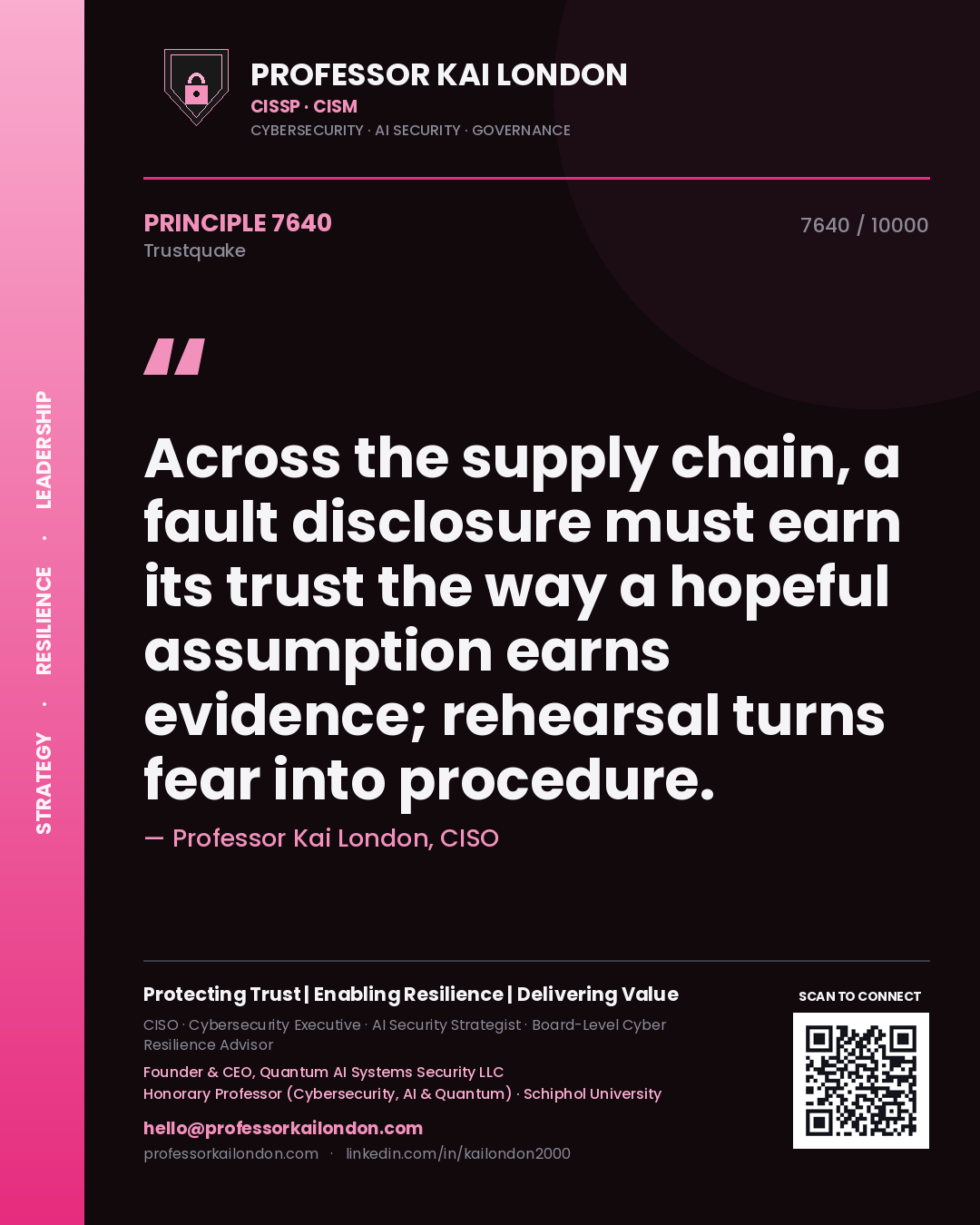 Quote card by Professor Kai London reading 'Across the supply chain, a fault disclosure must earn its trust the way a hopeful assumption earns evidence; rehearsal turns fear into procedure.'. From the book Trustquake.