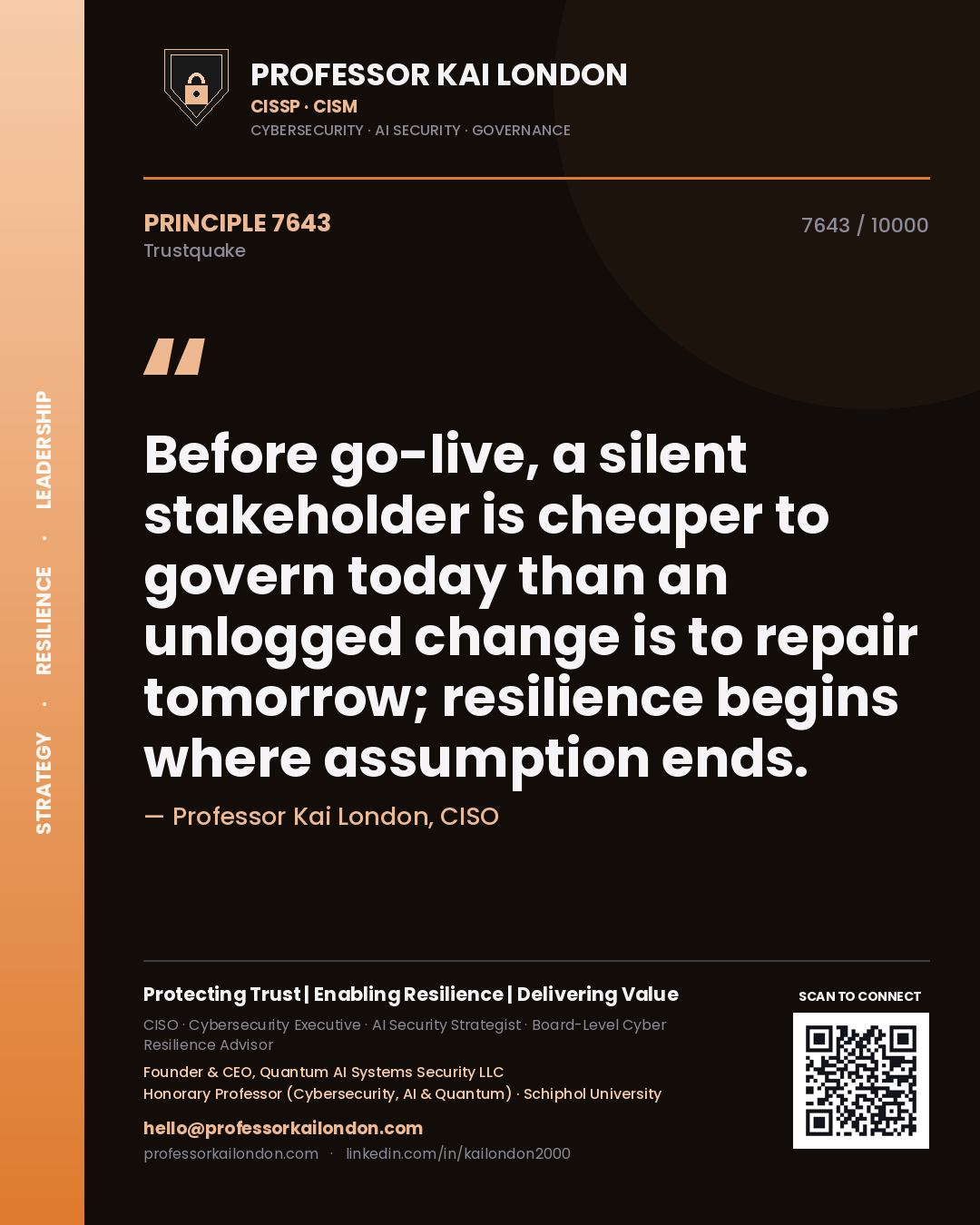 Quote card by Professor Kai London reading 'Before go-live, a silent stakeholder is cheaper to govern today than an unlogged change is to repair tomorrow; resilience begins where assumption ends.'. From the book Trustquake.
