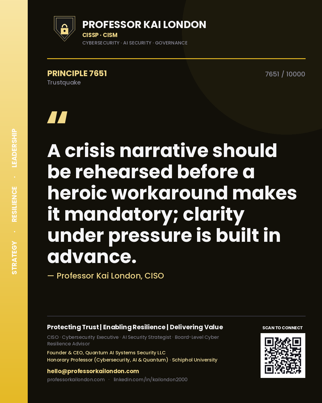 Quote card by Professor Kai London reading 'A crisis narrative should be rehearsed before a heroic workaround makes it mandatory; clarity under pressure is built in advance.'. From the book Trustquake.