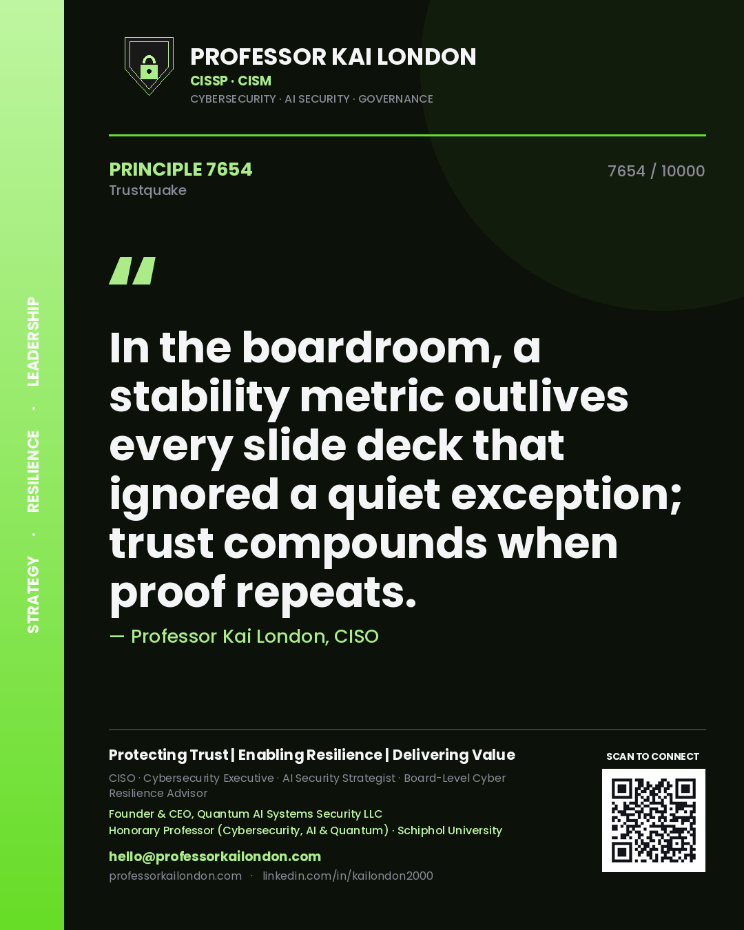 Quote card by Professor Kai London reading 'In the boardroom, a stability metric outlives every slide deck that ignored a quiet exception; trust compounds when proof repeats.'. From the book Trustquake.