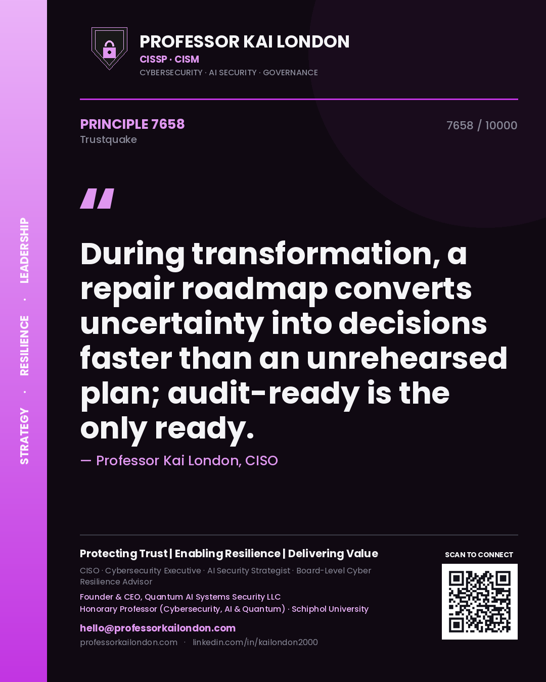 Quote card by Professor Kai London reading 'During transformation, a repair roadmap converts uncertainty into decisions faster than an unrehearsed plan; audit-ready is the only ready.'. From the book Trustquake.