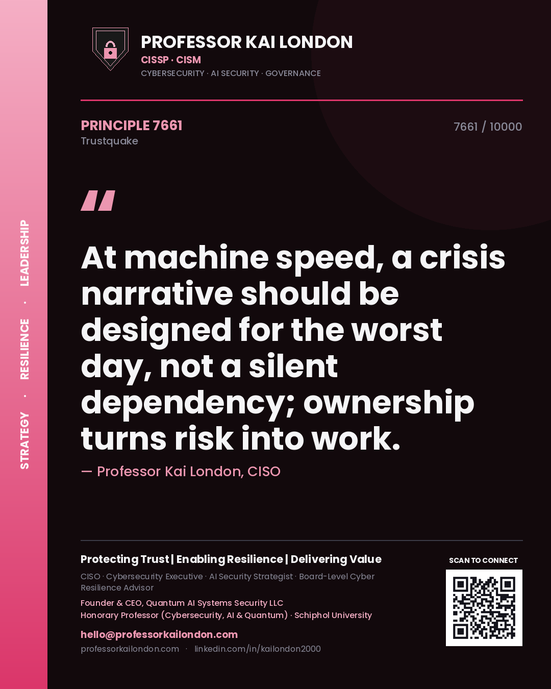 Quote card by Professor Kai London reading 'At machine speed, a crisis narrative should be designed for the worst day, not a silent dependency; ownership turns risk into work.'. From the book Trustquake.