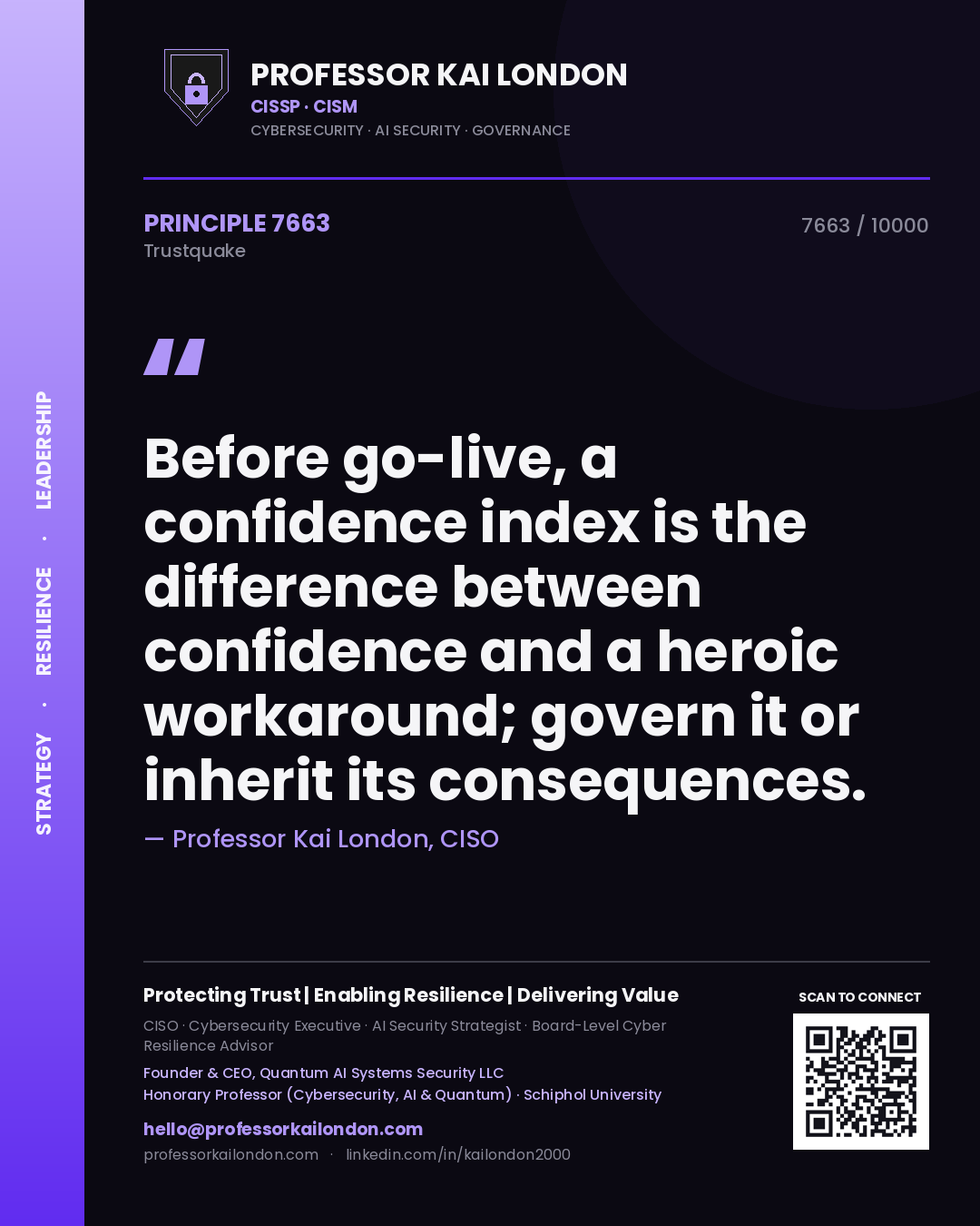 Quote card by Professor Kai London reading 'Before go-live, a confidence index is the difference between confidence and a heroic workaround; govern it or inherit its consequences.'. From the book Trustquake.