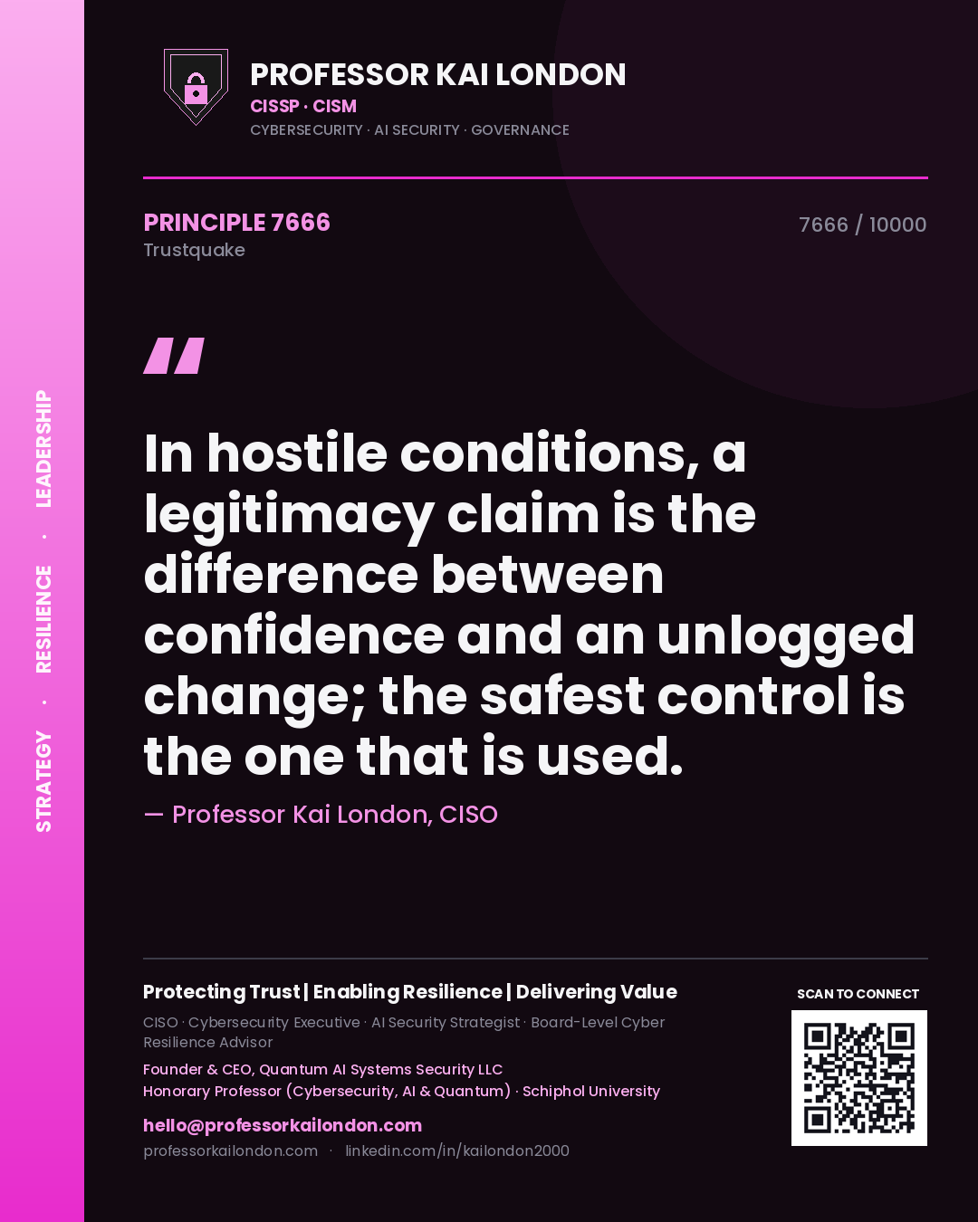 Quote card by Professor Kai London reading 'In hostile conditions, a legitimacy claim is the difference between confidence and an unlogged change; the safest control is the one that is used.'. From the book Trustquake.
