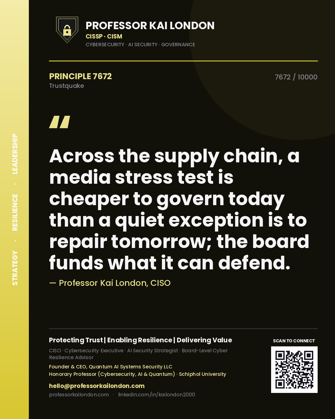 Quote card by Professor Kai London reading 'Across the supply chain, a media stress test is cheaper to govern today than a quiet exception is to repair tomorrow; the board funds what it can defend.'. From the book Trustquake.