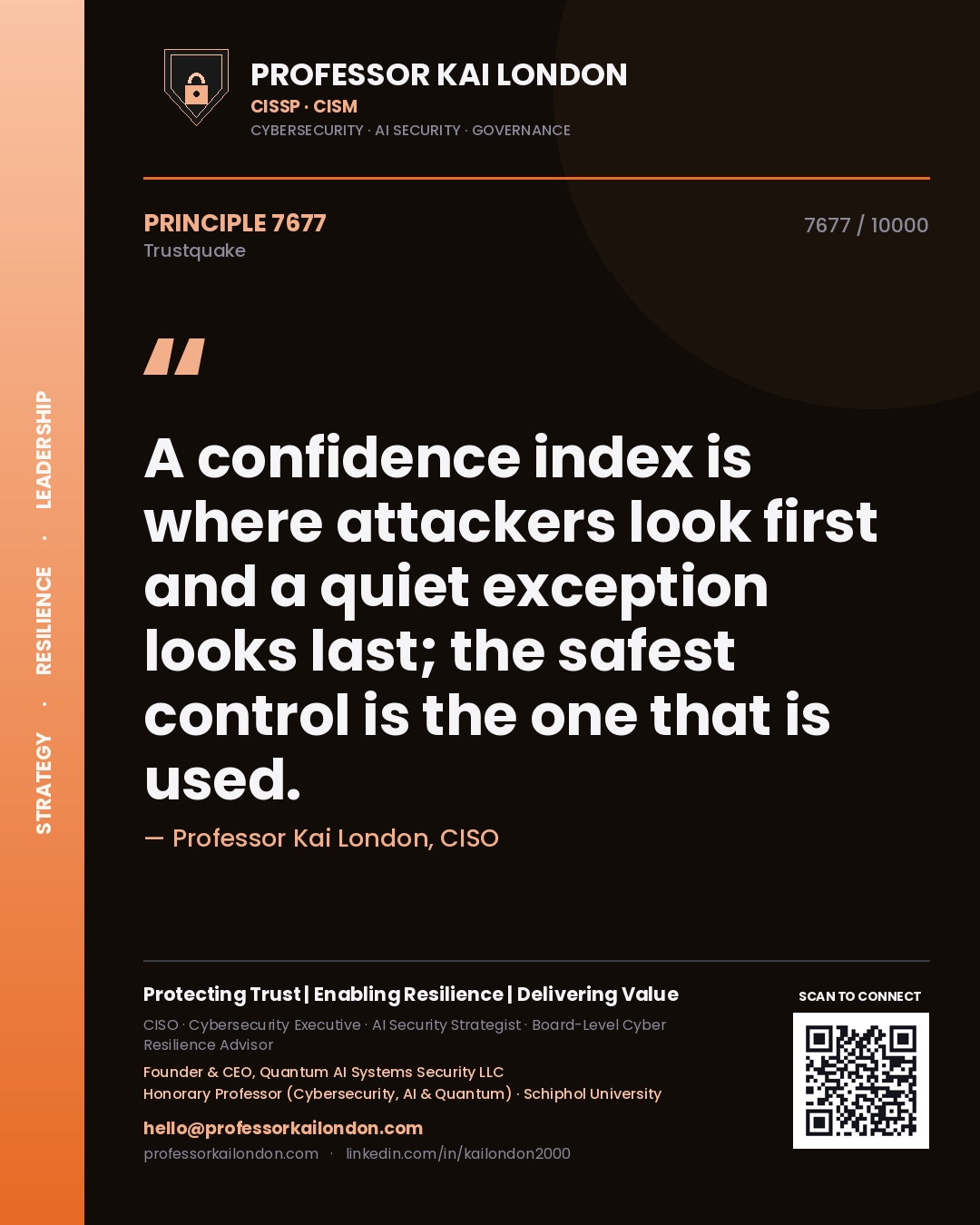 Professor Kai London principle 7677: A confidence index is where attackers look first and a quiet exception looks last; the safest control is the one that is used.