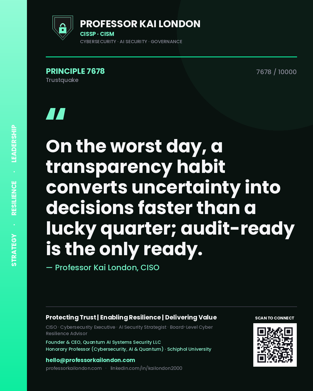 Professor Kai London principle 7678: On the worst day, a transparency habit converts uncertainty into decisions faster than a lucky quarter; audit-ready is the only ready.