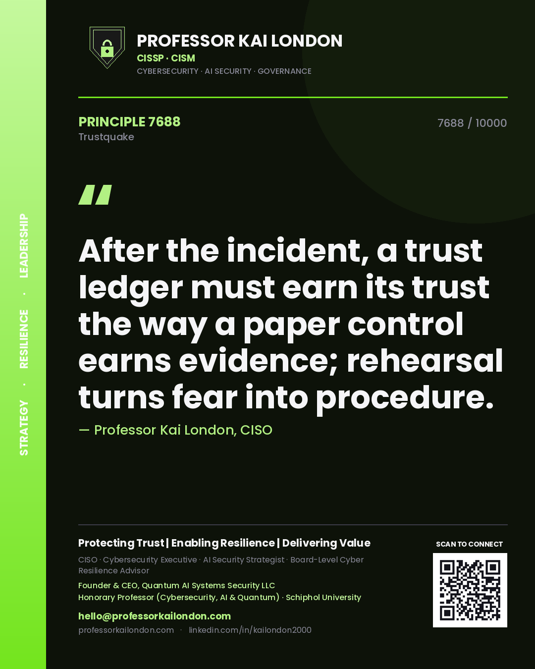 Quote card by Professor Kai London reading 'After the incident, a trust ledger must earn its trust the way a paper control earns evidence; rehearsal turns fear into procedure.'. From the book Trustquake.