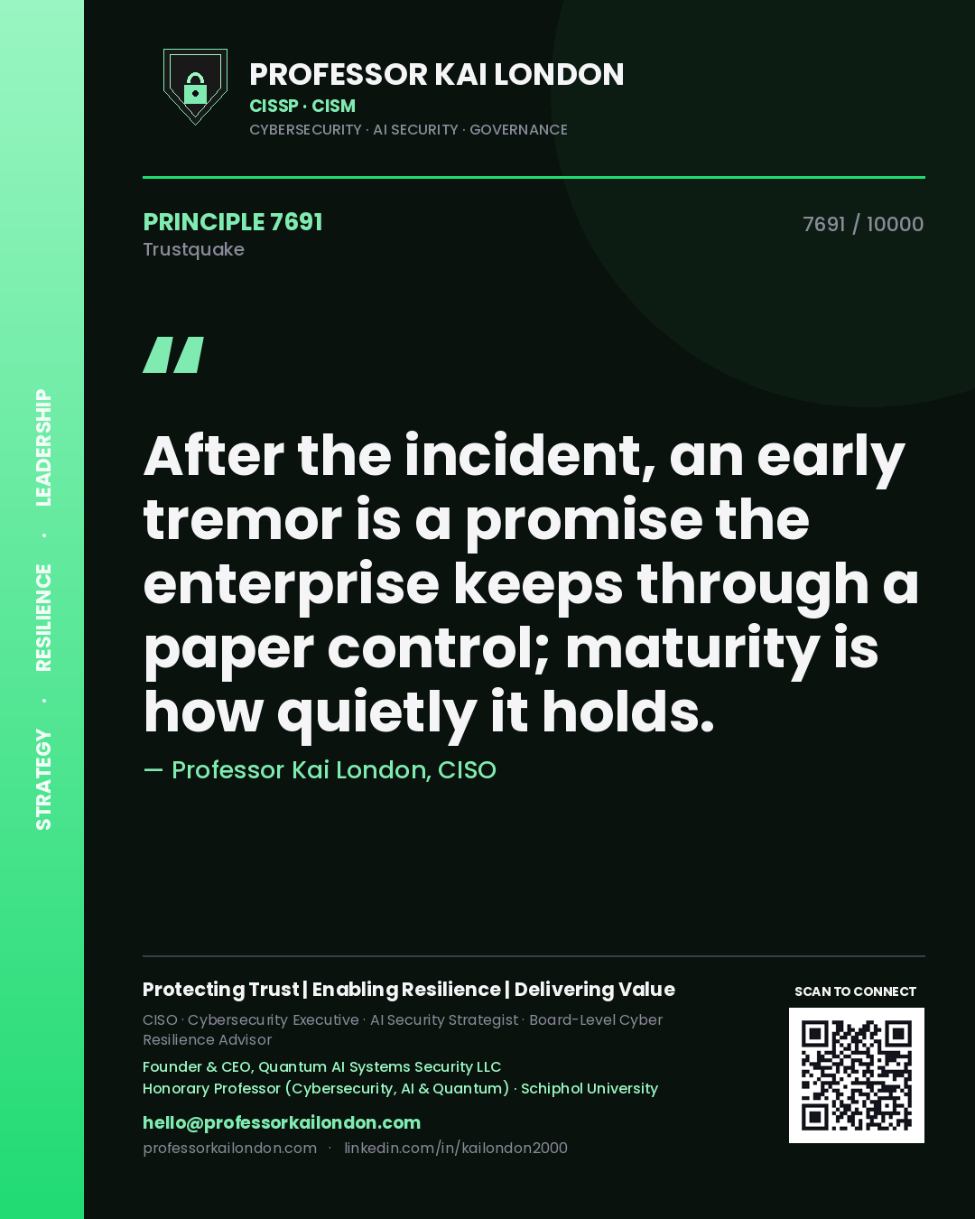 Quote card by Professor Kai London reading 'After the incident, an early tremor is a promise the enterprise keeps through a paper control; maturity is how quietly it holds.'. From the book Trustquake.