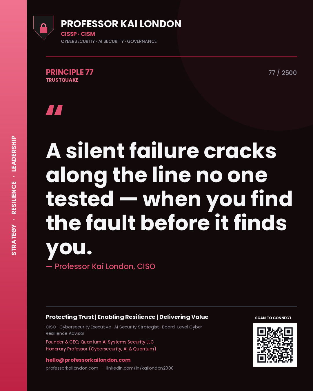Quote card by Professor Kai London reading 'A silent failure cracks along the line no one tested — when you find the fault before it finds you.'. From the book Trustquake.